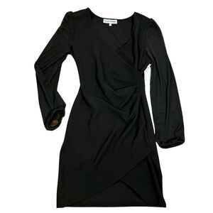 Almost Famous Jnrs Sz M Black Stretch Faux Wrap Dress Bodycon Sheer Puff Sleeve
